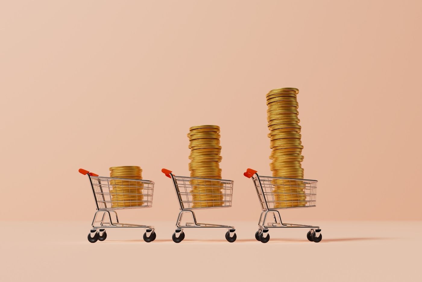 shopping trolley with stack of gold coins inflation concept